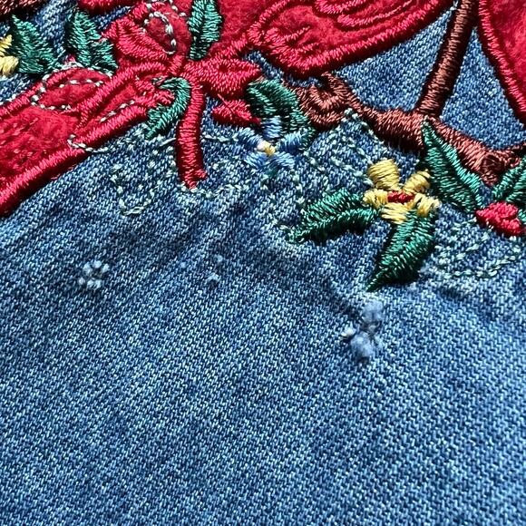 Vintage Embroidered Cardinals Holiday Winter Denim Button Up Birds Shirt Flower - Picture 7 of 9
